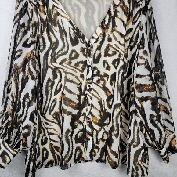 2X Blouse VNeck Animal Button Up Flowy Sheer Long Sleeve Tunic Top Office Career - Picture 2 of 12